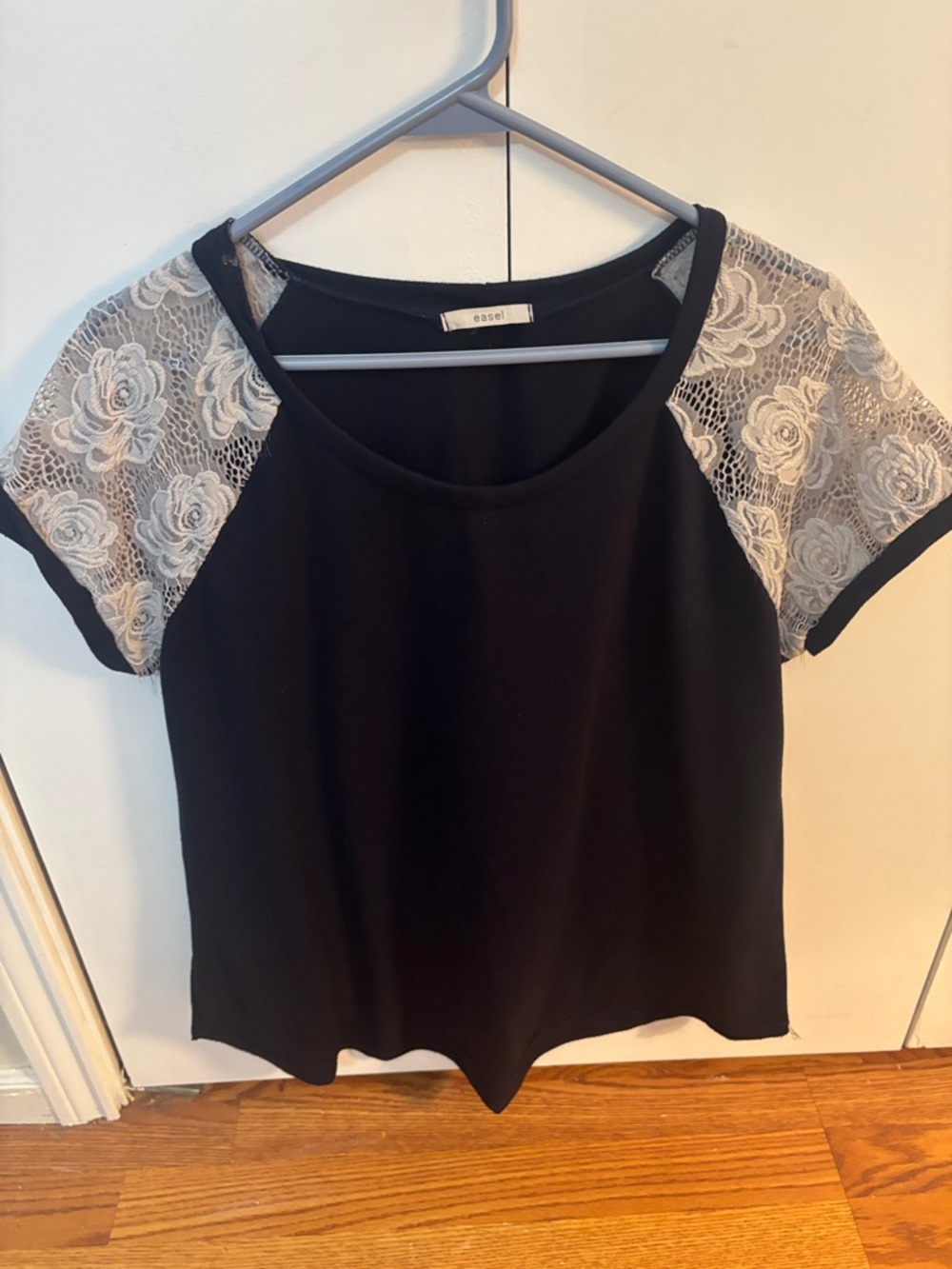 easel Black Top with Ivory Floral Lace Raglan Sleeves
